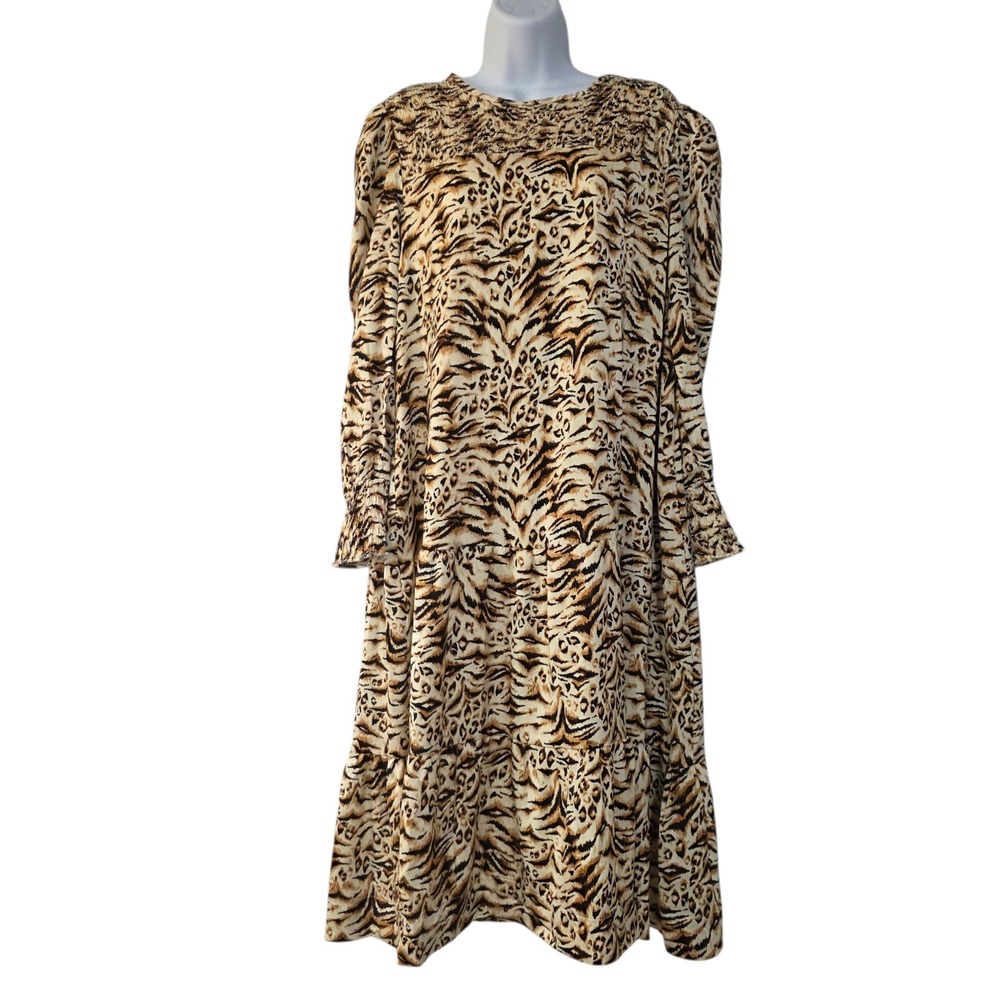 Udel New York Midi Smocked Dress Womens Brown M Long Sleeve Knit Animal Print